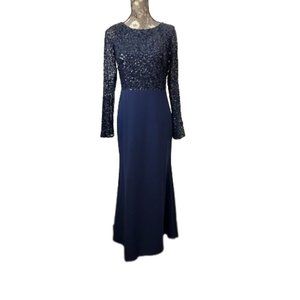 Adrianna Papell Women's 6 Navy Beaded Long Bell Sleeve Boat Neck Maxi Gown Dress